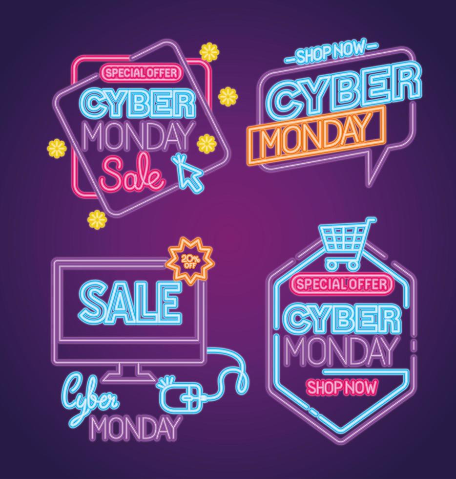 cyber monday neon set icons vector design