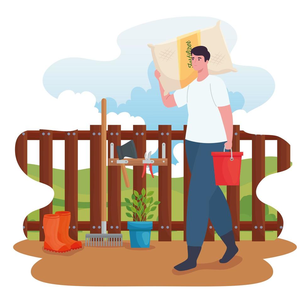 Man gardening outdoors with fertilizer bag vector design