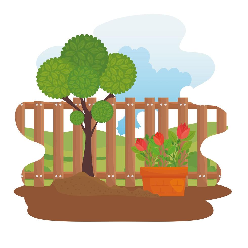 Cute yard with tree and flowers vector