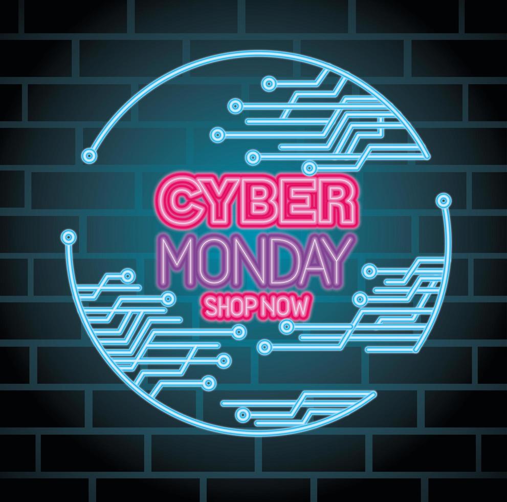 Cyber Monday neon con diseño de vector de circuito