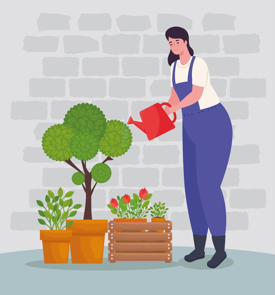 Mujer jardinería con regadera y diseño de vectores de plantas
