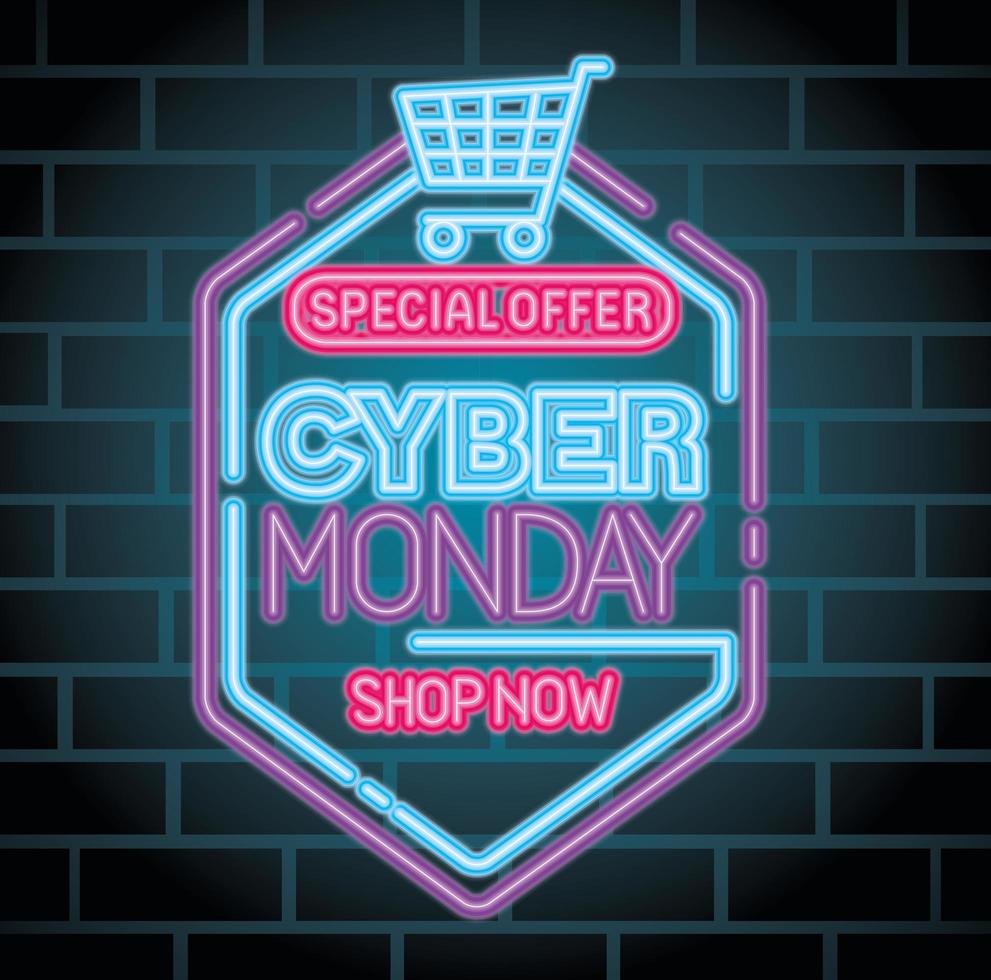 Cyber Monday neon con diseño de vector de carro