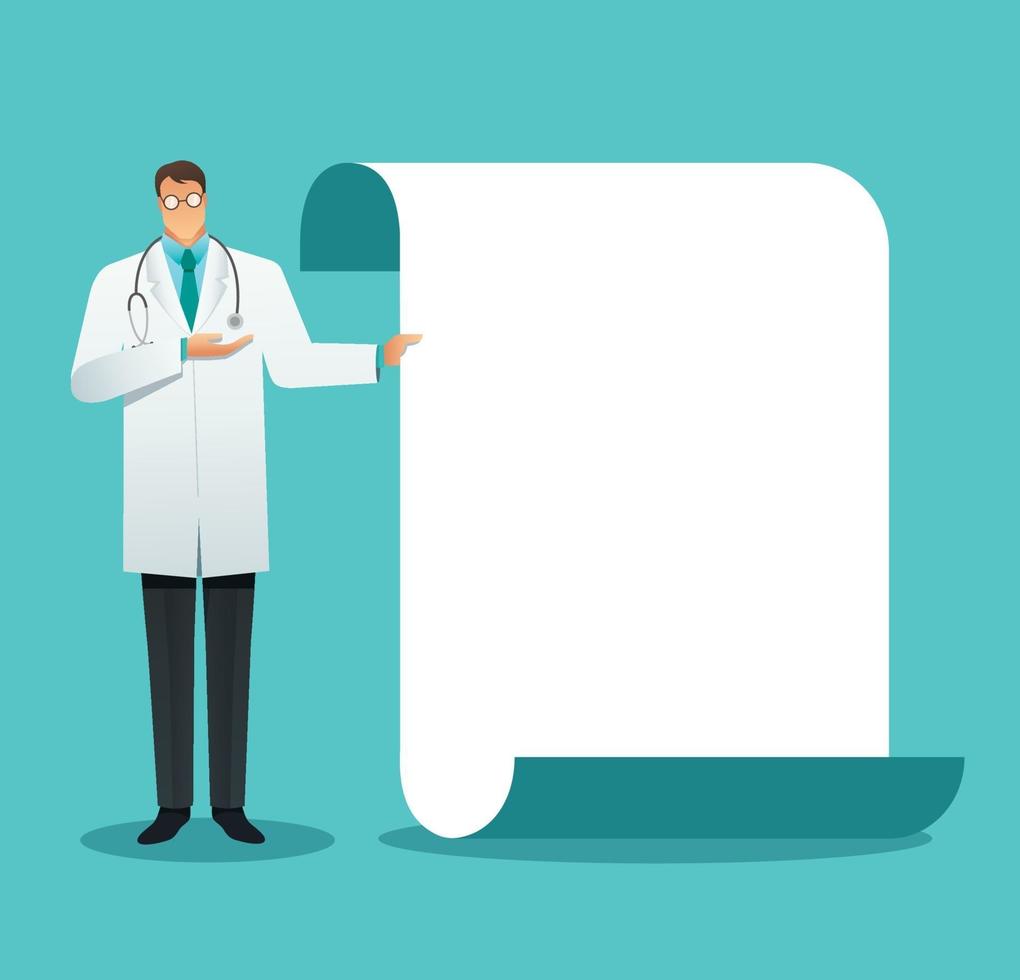 doctor making a presentation, pointing to the screen. Vector illustration