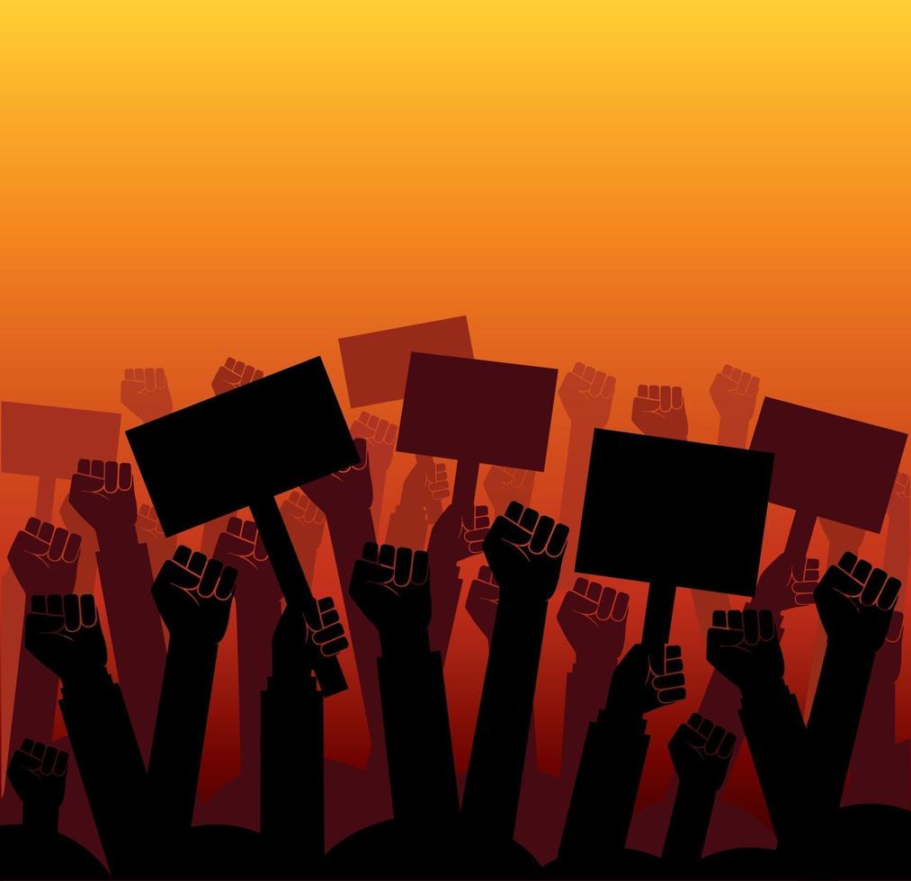 Group of fists raised in air. Group of protestors fists raised up in the air vector illustration