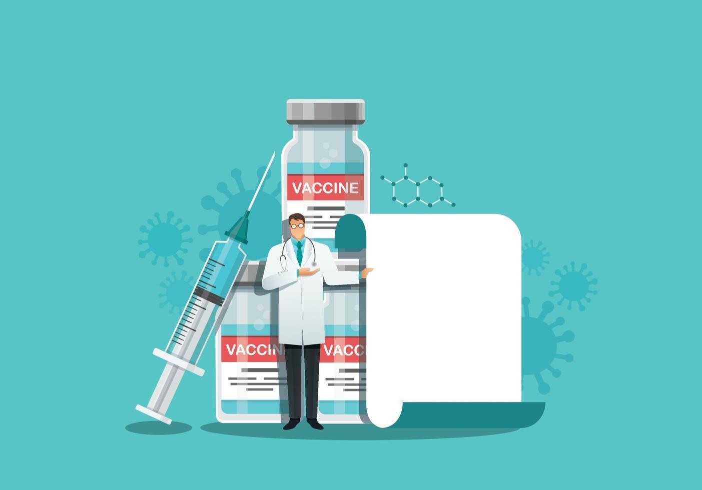 médico haciendo una presentación, apuntando a la pantalla. concepto de vacunación. ilustración vectorial vector