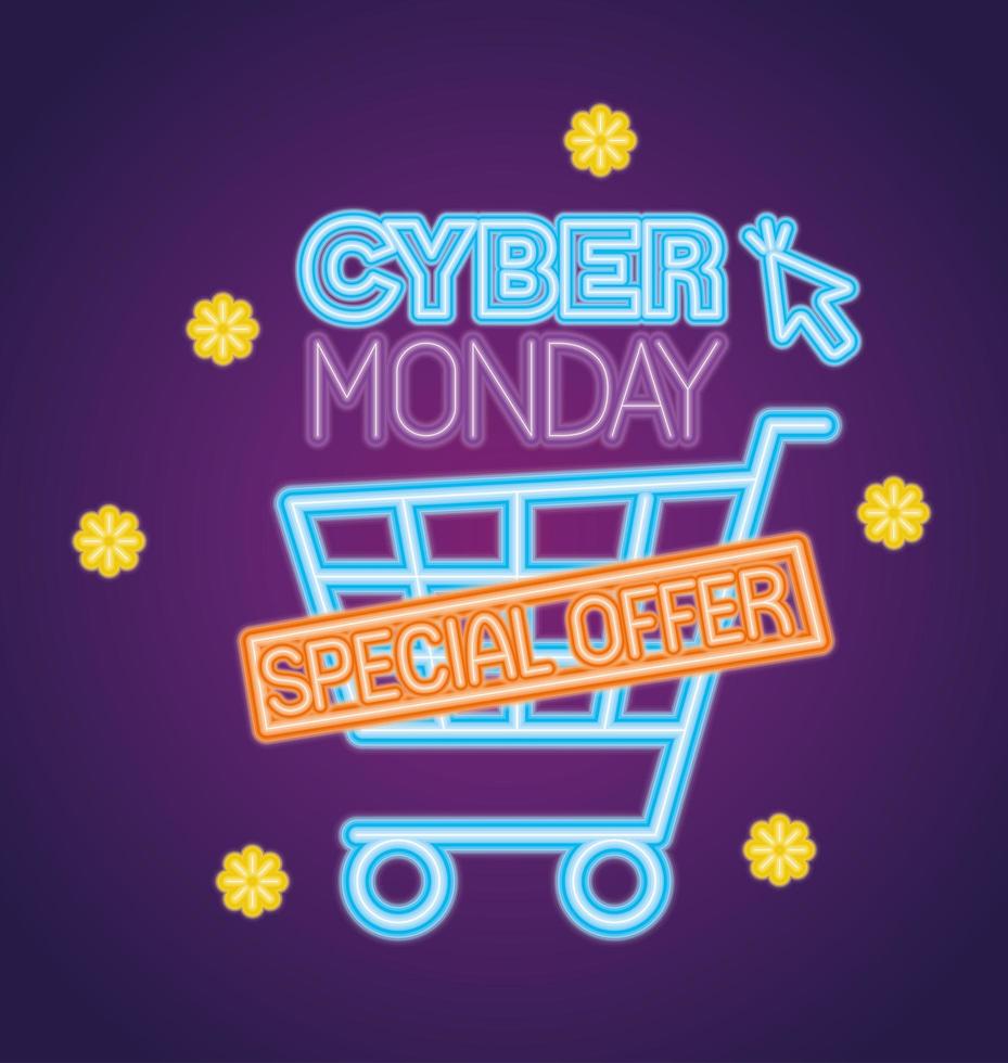 Cyber Monday neon con diseño de vector de carro y cursor