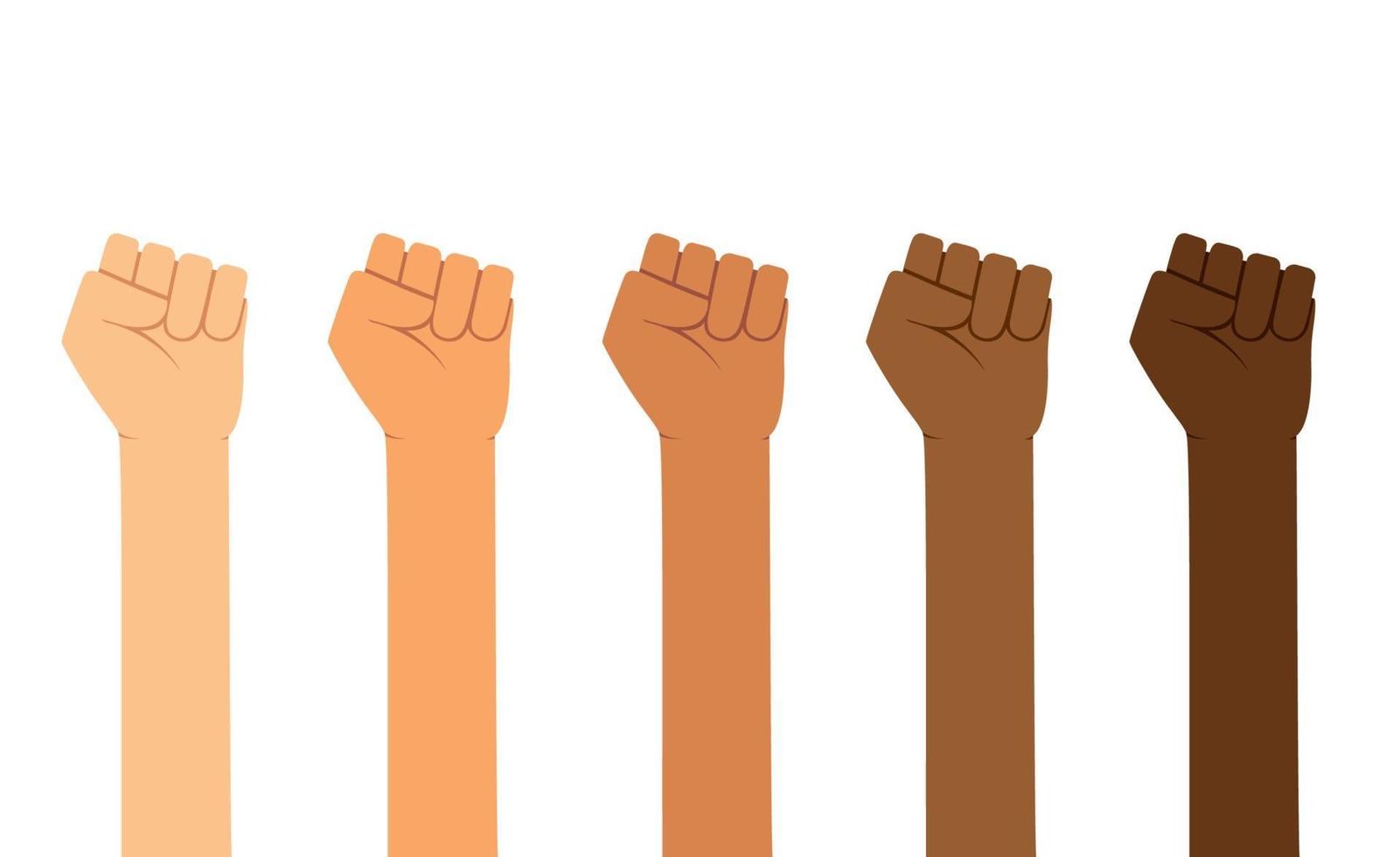 Different skin colors fist hands rise up. Empowering, Labor day, humans right, fight concept vector