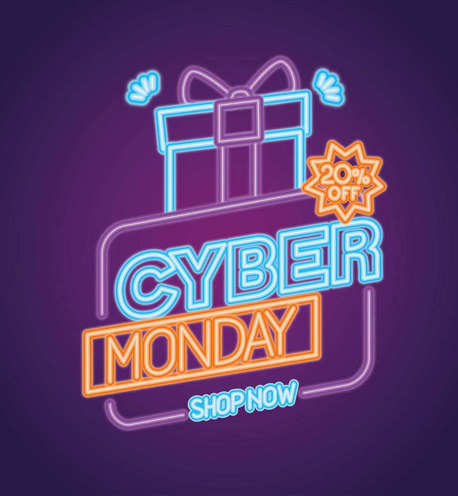 Cyber Monday neon con diseño de vector de regalo