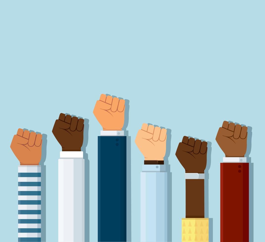 Group of fists raised in air. Group of protestors fists raised up in the air vector illustration
