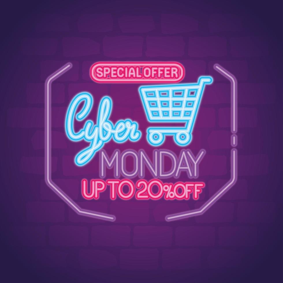 cyber monday neon with cart vector design