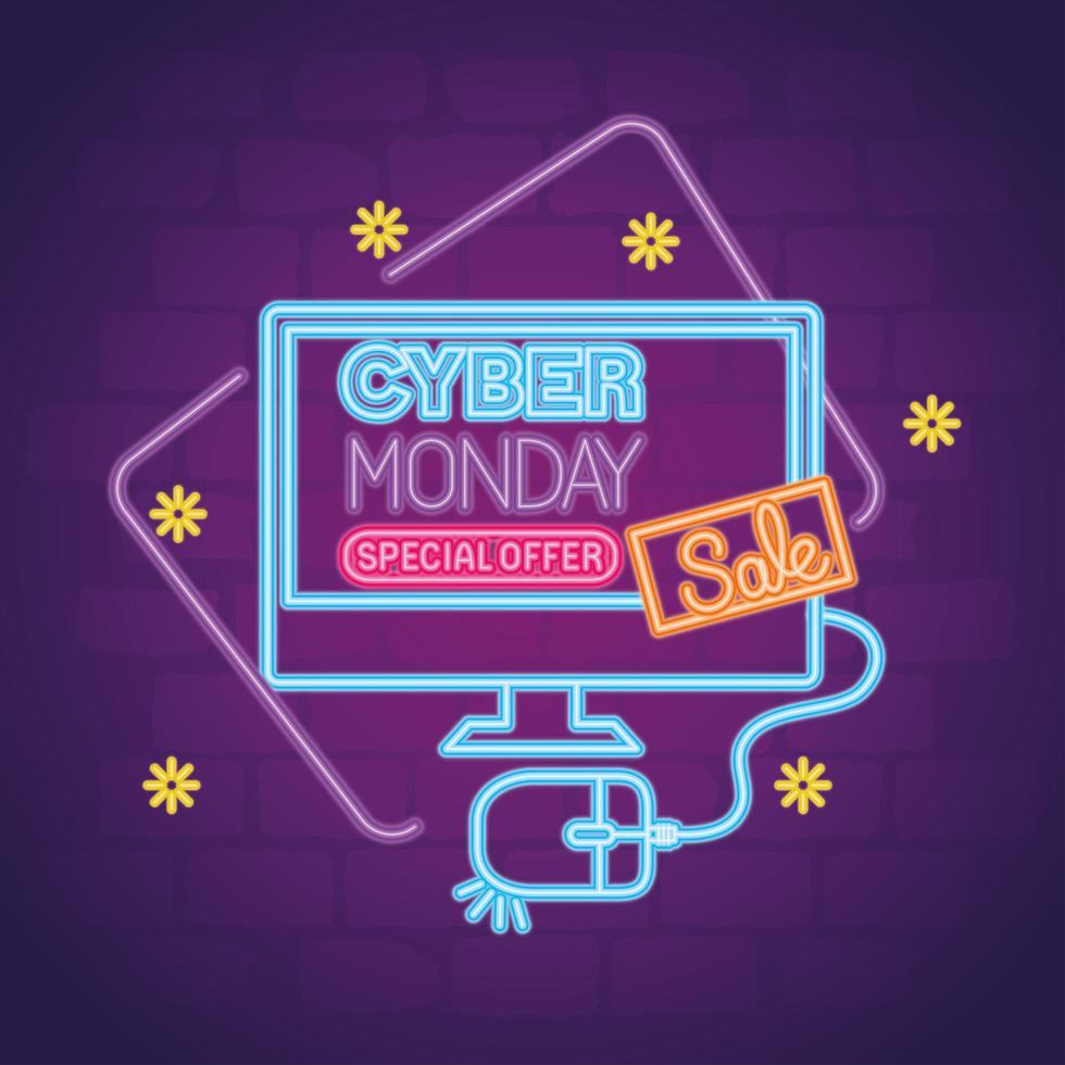 cyber monday neon with computer and mouse vector design