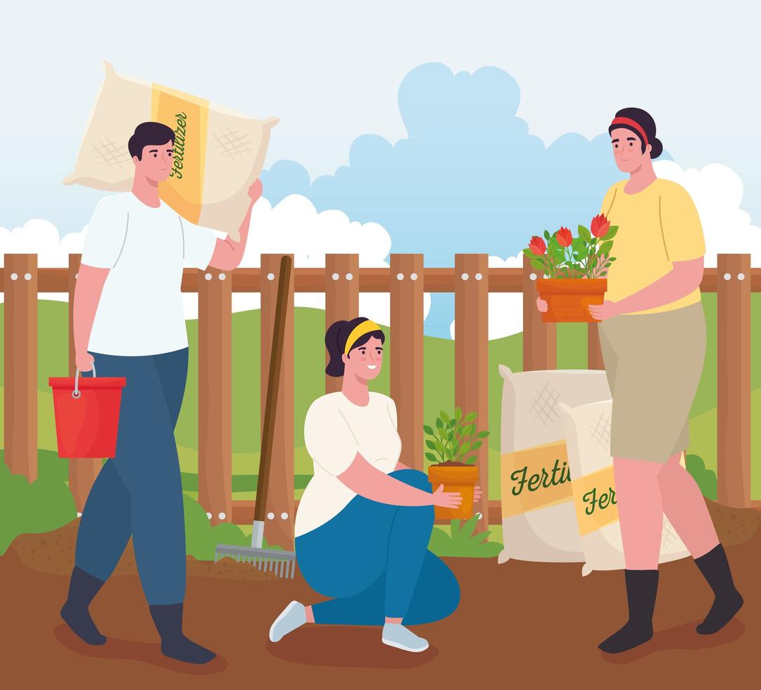 People gardening outdoors with fertilizer bags, plants, and bucket vector design