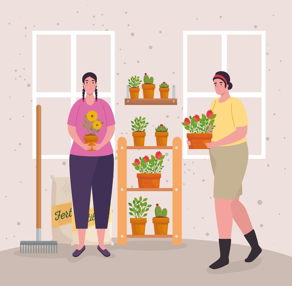 Women gardening indoors vector