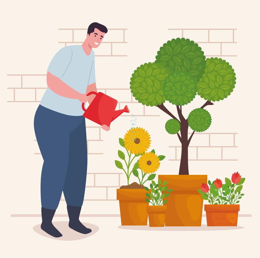 Hombre jardinería al aire libre con regadera vector