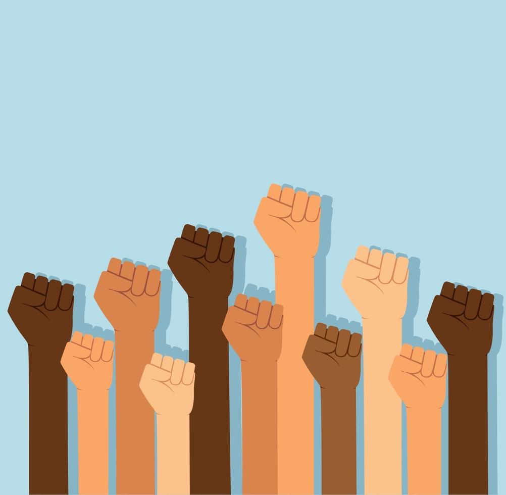 Group of fists raised in air. Group of protestors fists raised up in the air vector illustration