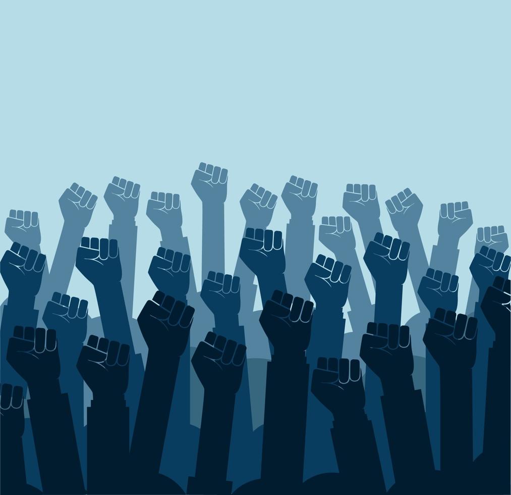 Group of fists raised in air. Group of protestors fists raised up in the air vector illustration