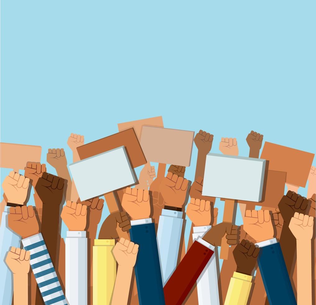 Group of fists raised in air. Group of protestors fists raised up in the air vector illustration