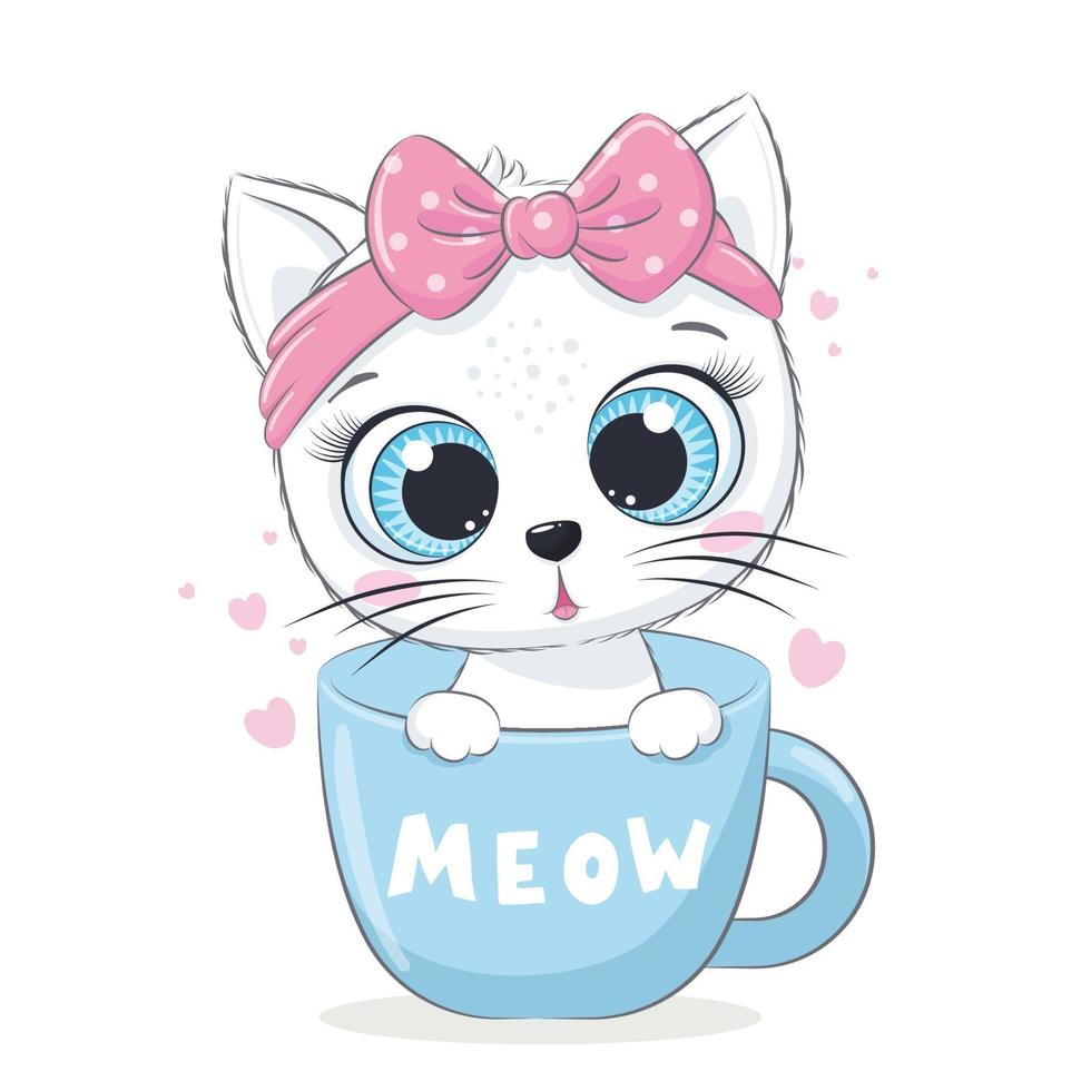 Animal illustration with cute little cat in cup. vector