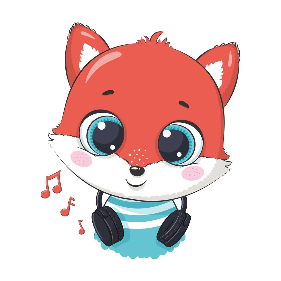 niño lindo zorro de dibujos animados con auriculares escuchando música vector