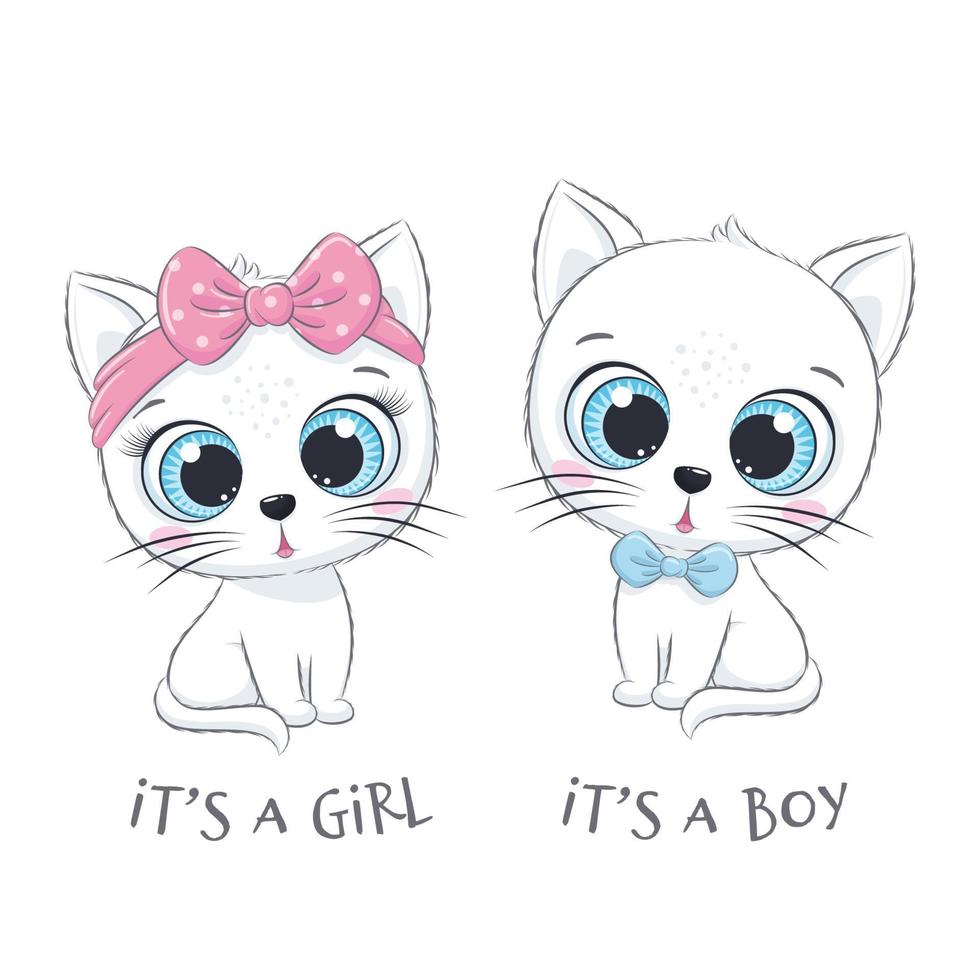 Cute baby cat with phrases It's a boy and It's a girl vector