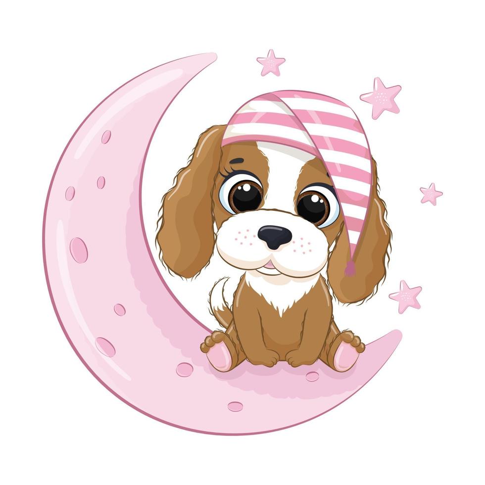 Cute baby dog sitting on the moon. Vector illustration