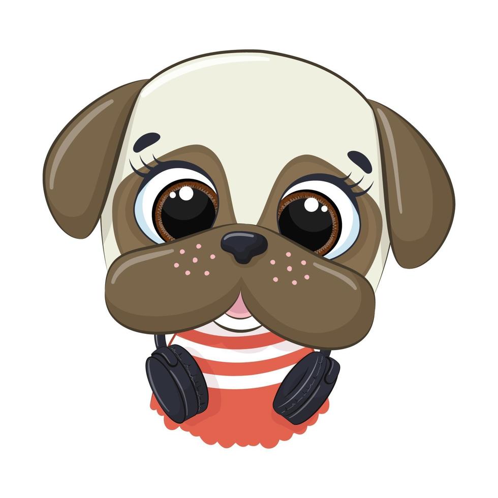 Cute cartoon dog with headphones listens to music vector