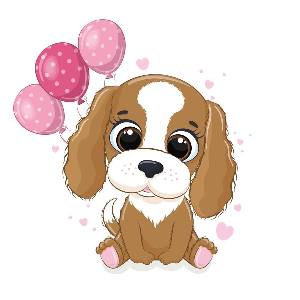 Happy birthday greeting card with dog and balloons. Vector illustration