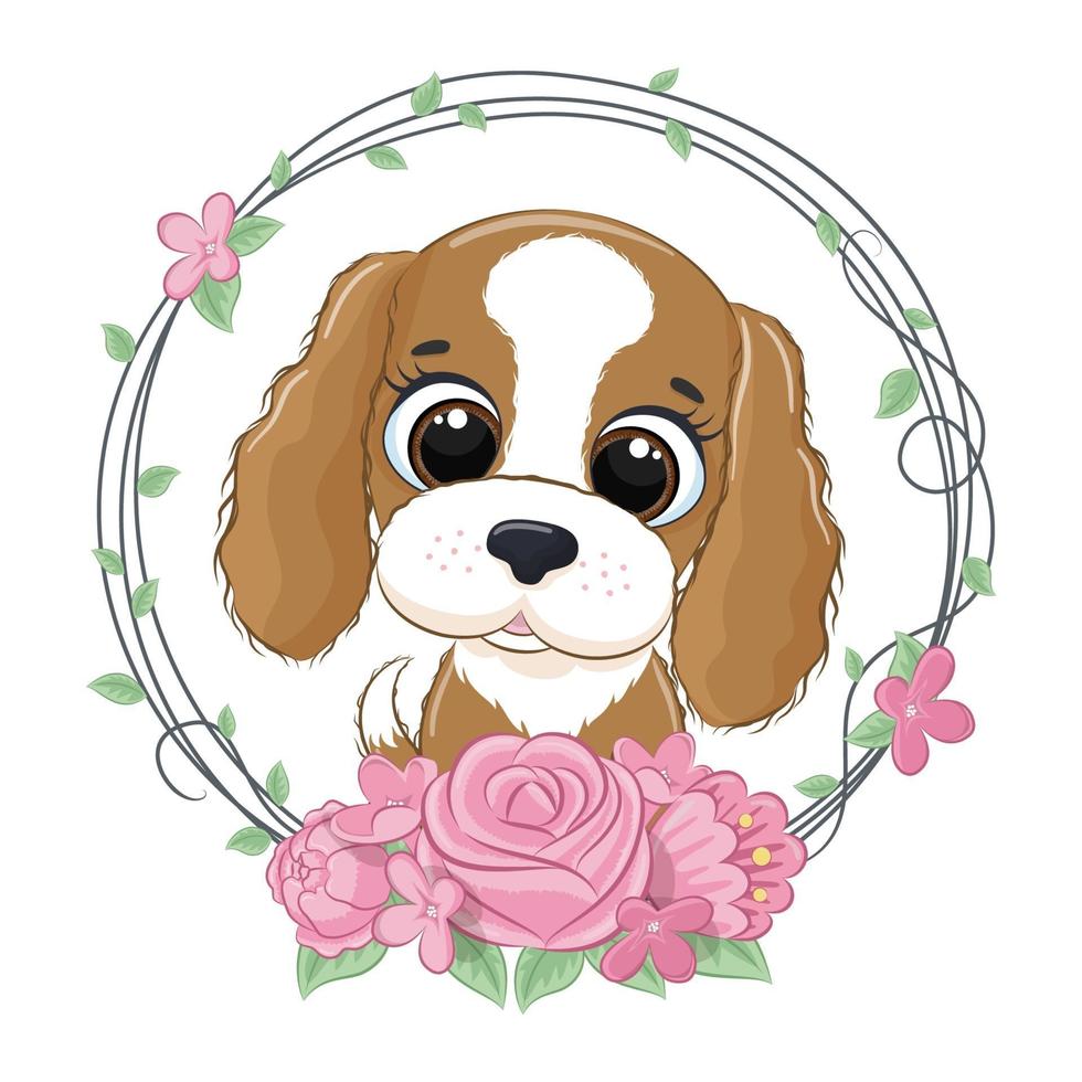 Cute summer baby dog with flower wreath. Vector illustration