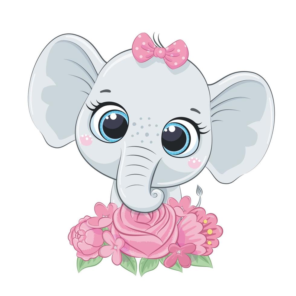 Cute summer baby elephant with flowers. Vector illustration