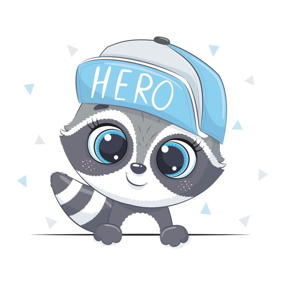 Animal illustration with cute raccoon in cap. vector