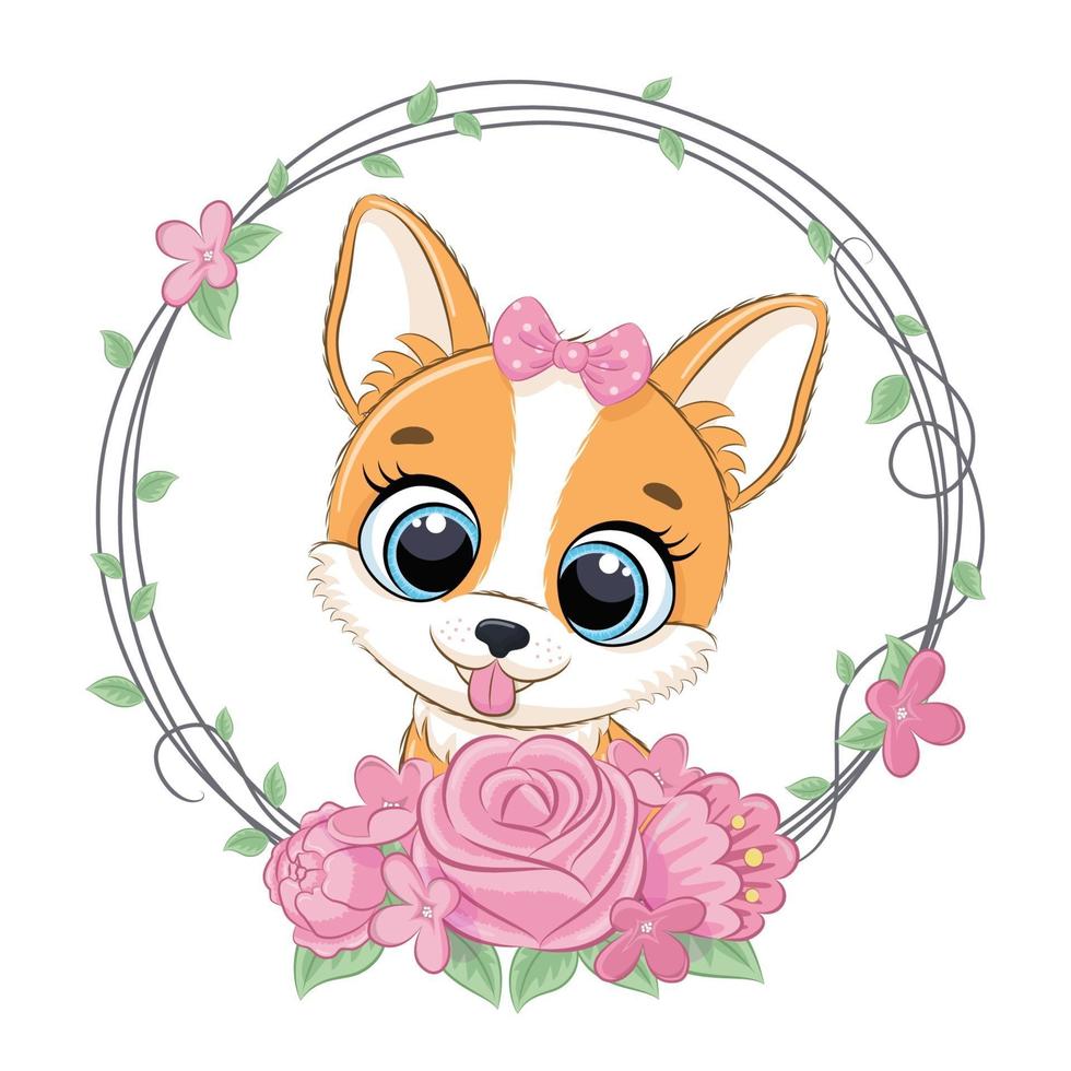 Cute summer baby dog with flower wreath. Vector illustration