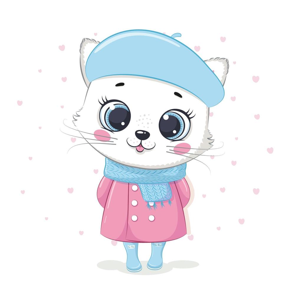 Ilustración de un gatito en un abrigo y bufanda vector