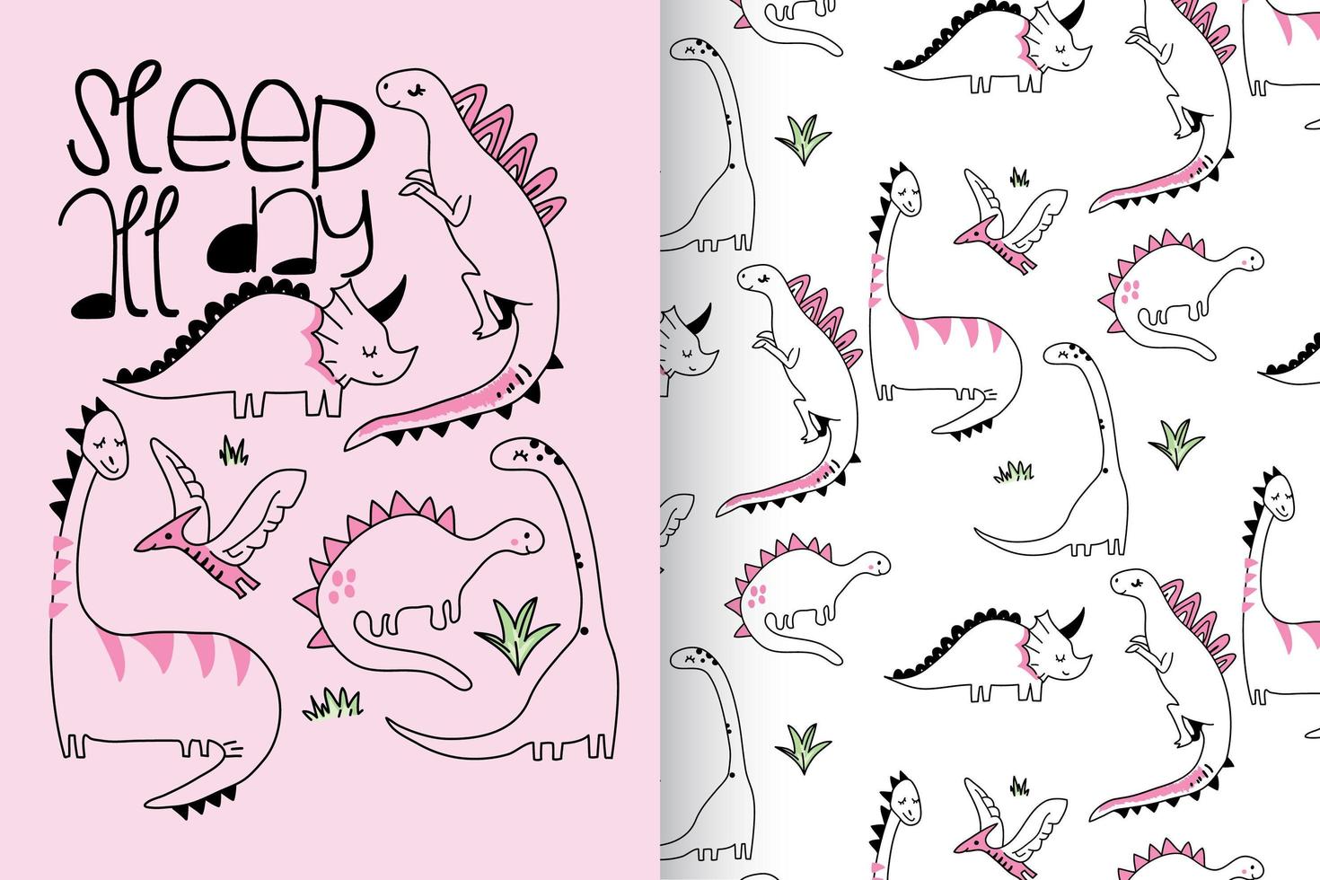 Hand drawn cute dinosaur with pattern set vector