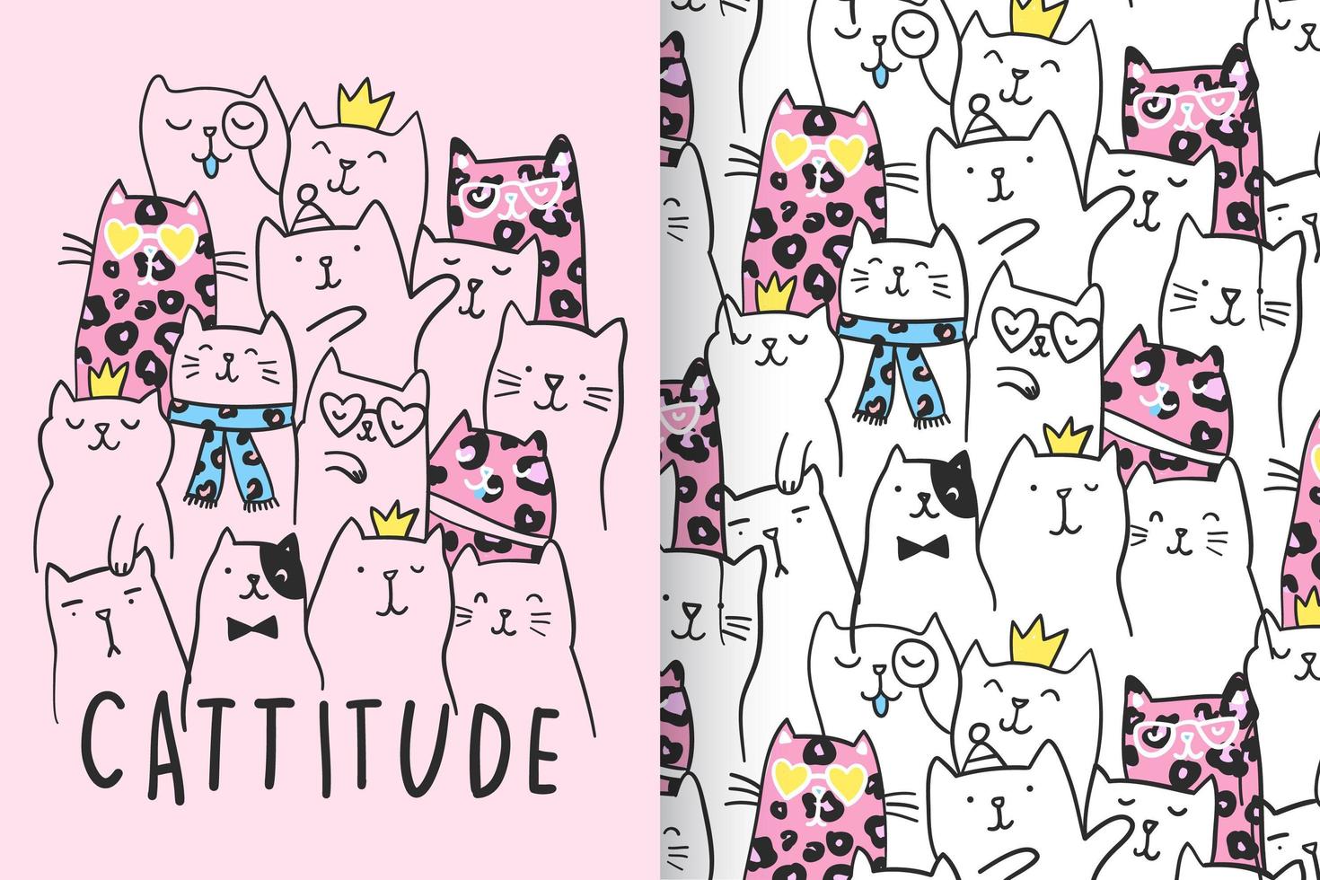 Hand drawn cute kitty with pattern set vector