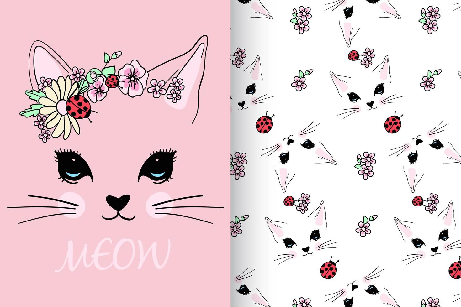 Hand drawn cute kitty with pattern set vector