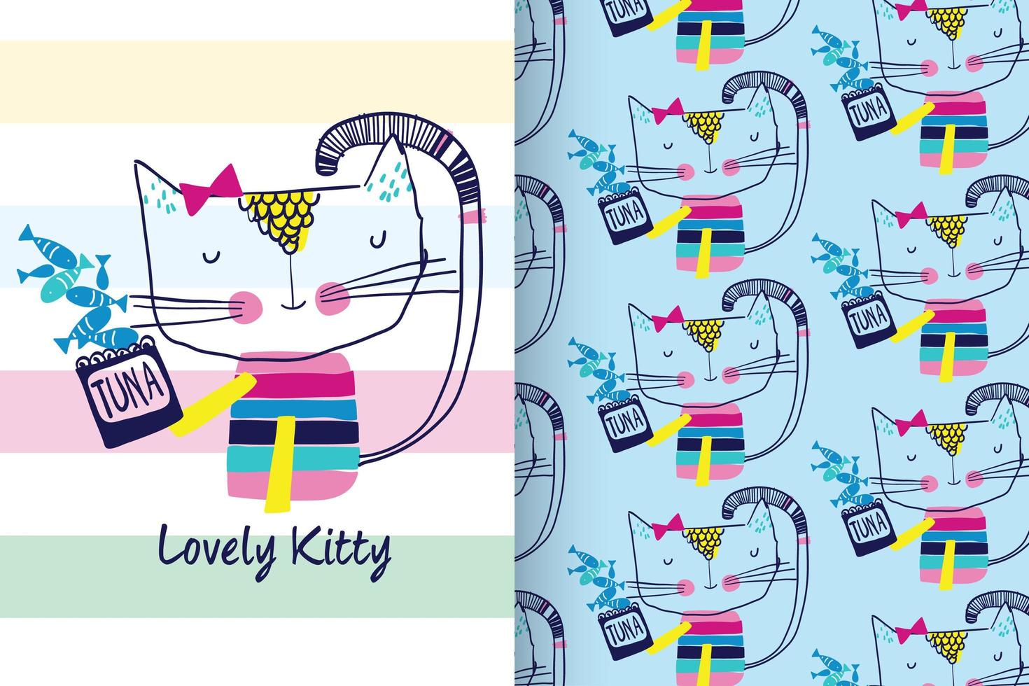 Hand drawn cute kitty with pattern set vector