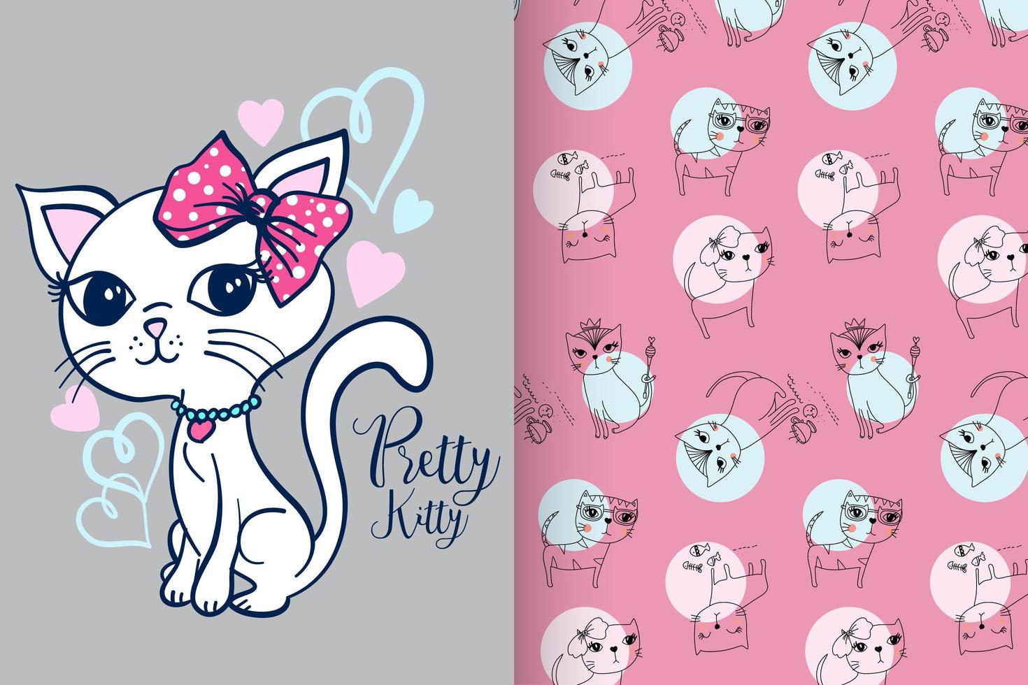 Hand drawn cute kitty with pattern set vector