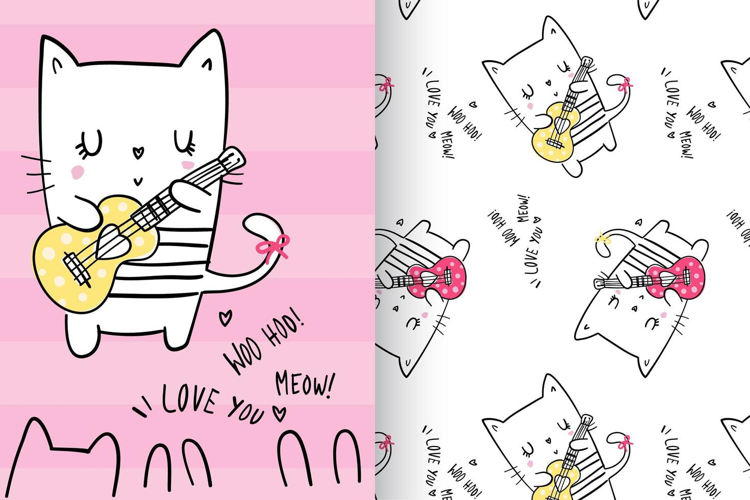 Hand drawn cute kitty with pattern set vector