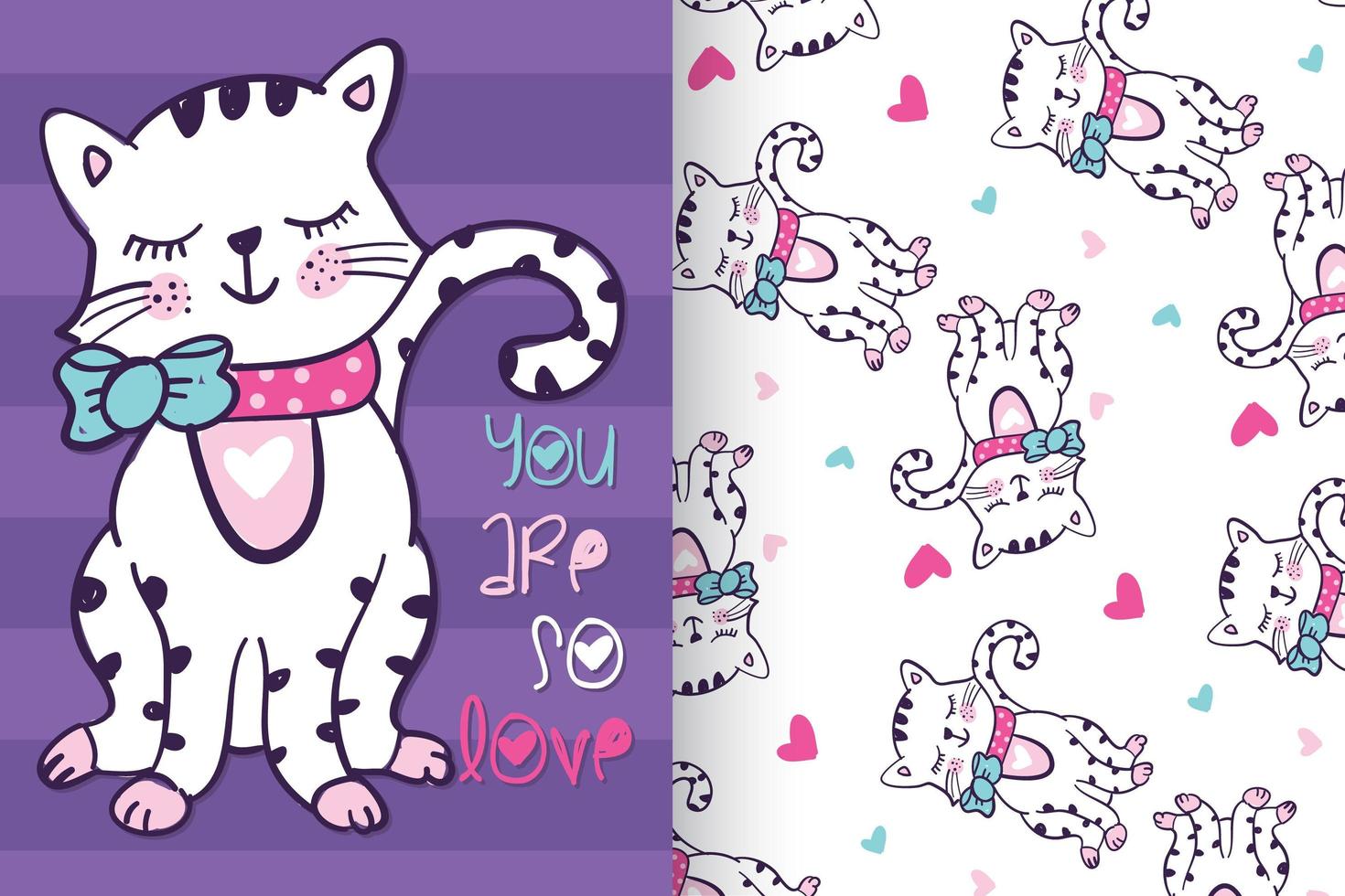 Hand drawn cute kitty with pattern set vector