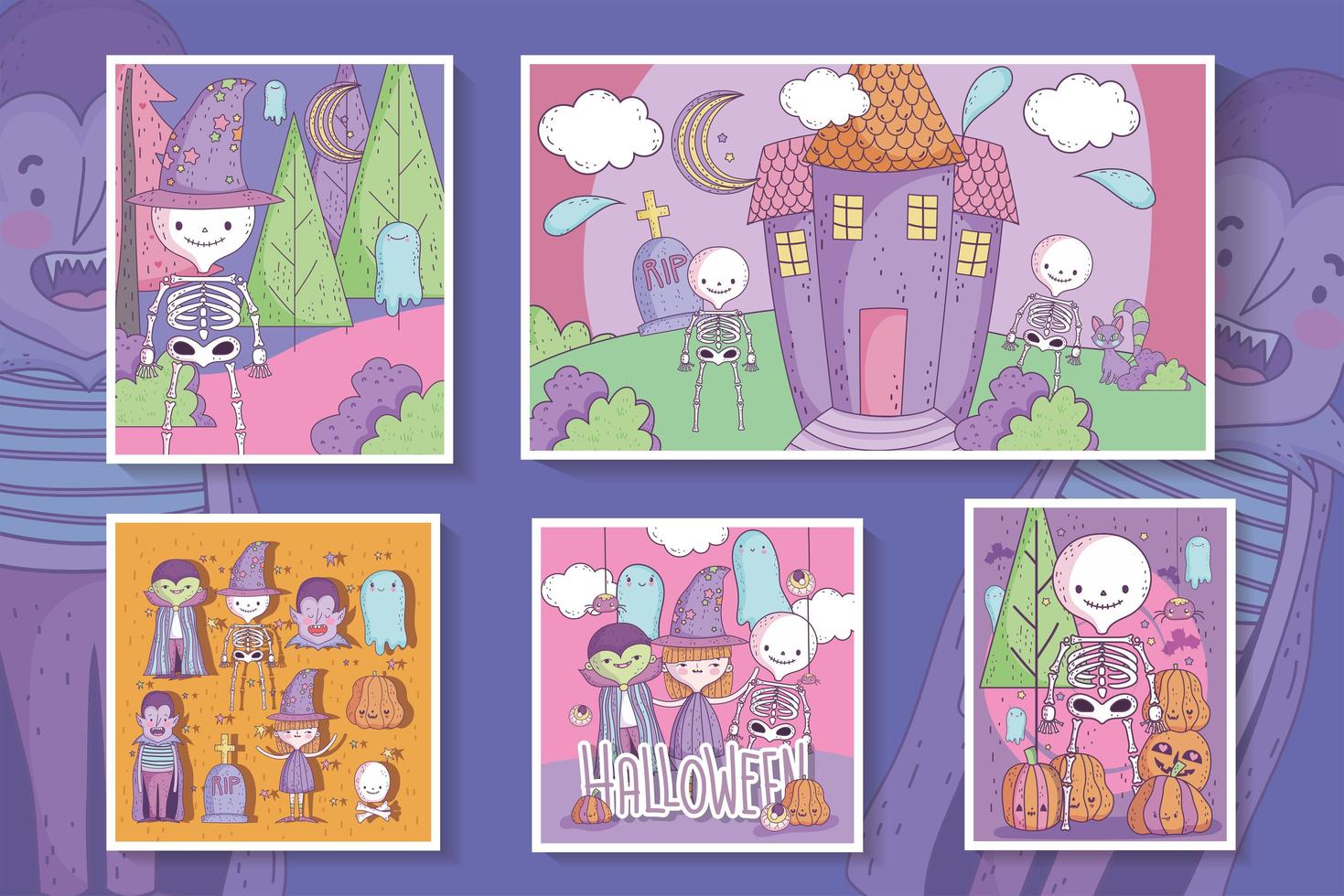 Cute Halloween poster set vector