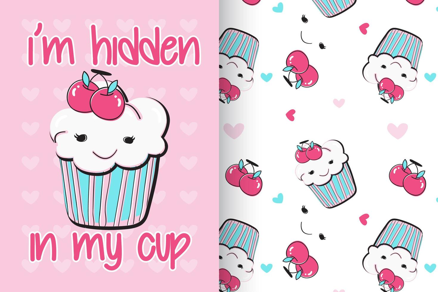 Hand drawn cute cupcake with pattern set vector