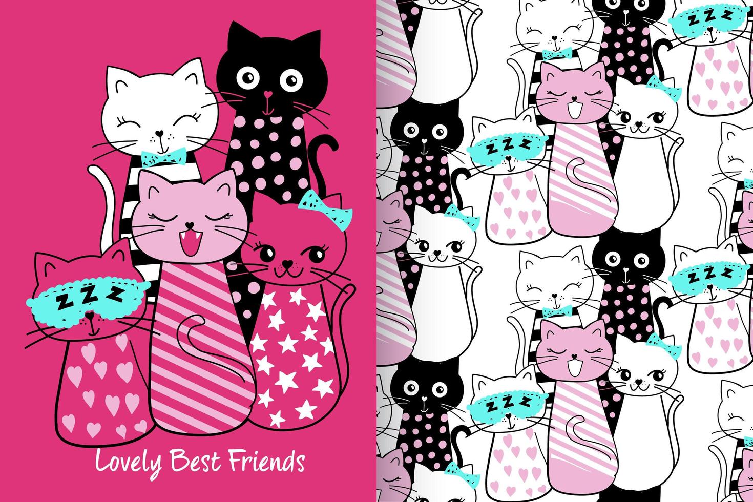 Hand drawn cute kitty with pattern set vector