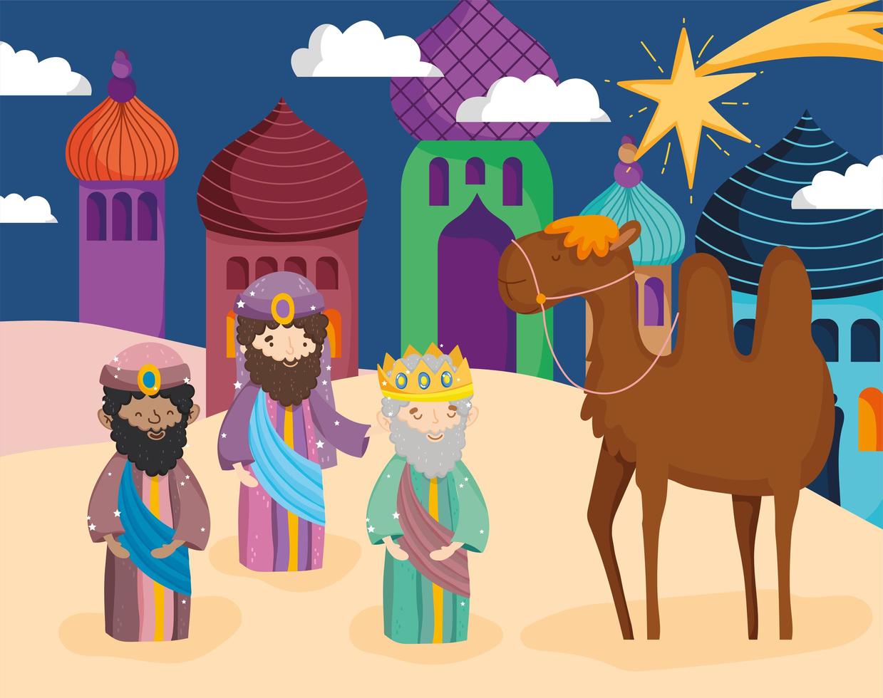 cartel de feliz navidad y natividad con los tres magos vector
