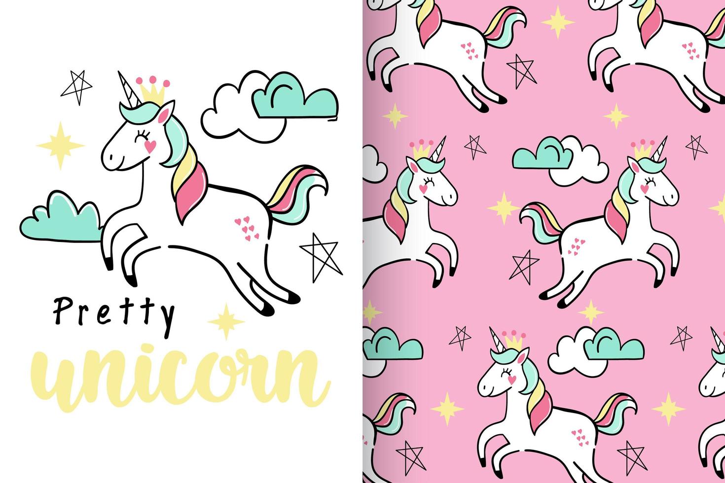 unicornio lindo dibujado a mano con conjunto de patrones vector