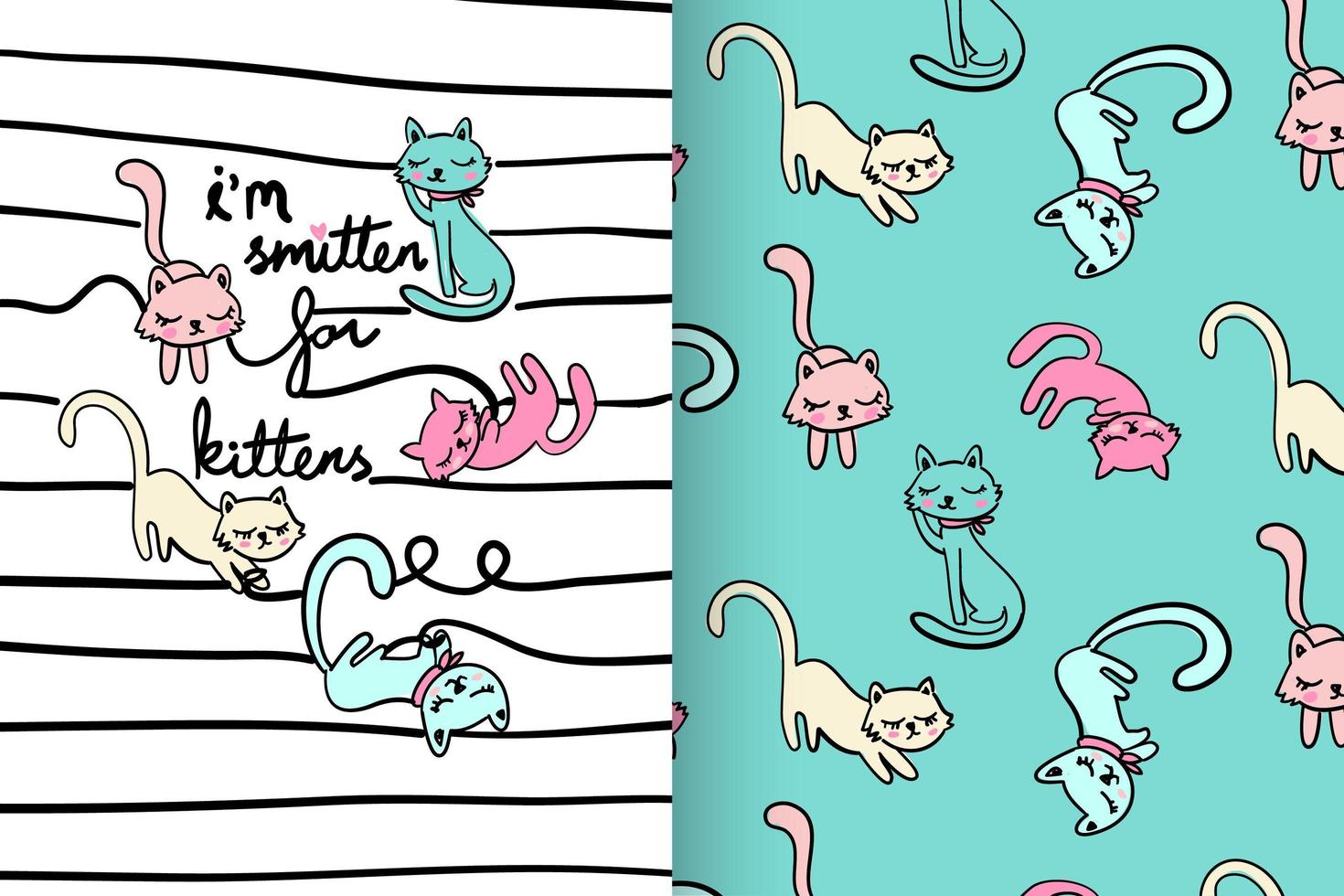 Hand drawn cute kitty with pattern set vector