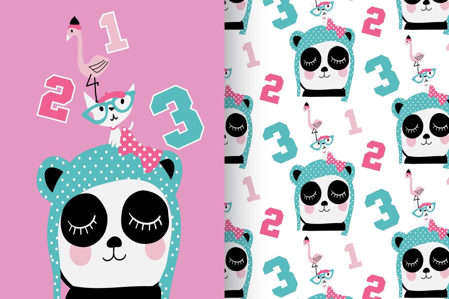 Hand drawn cute bear with pattern set vector