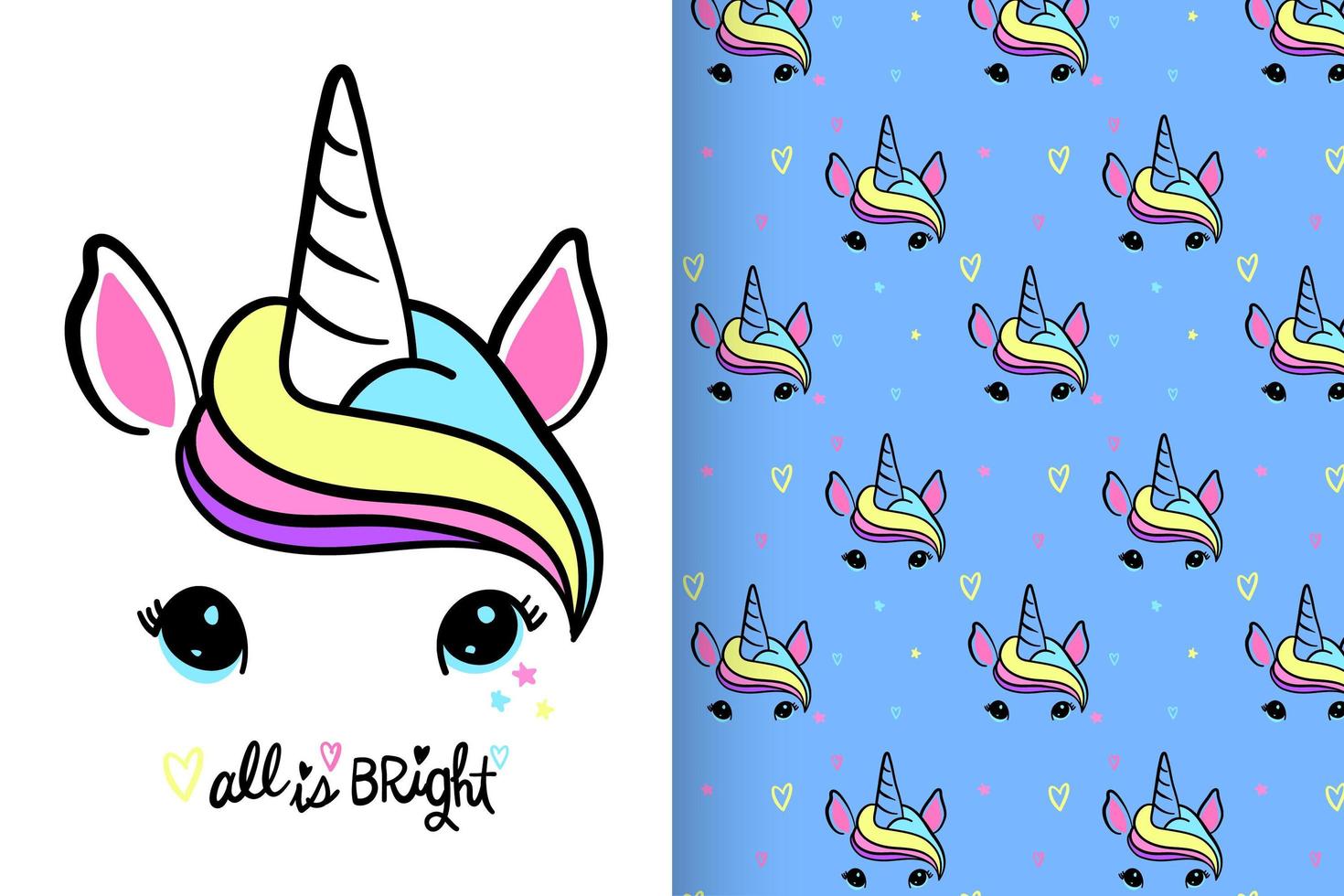 unicornio lindo dibujado a mano con conjunto de patrones vector