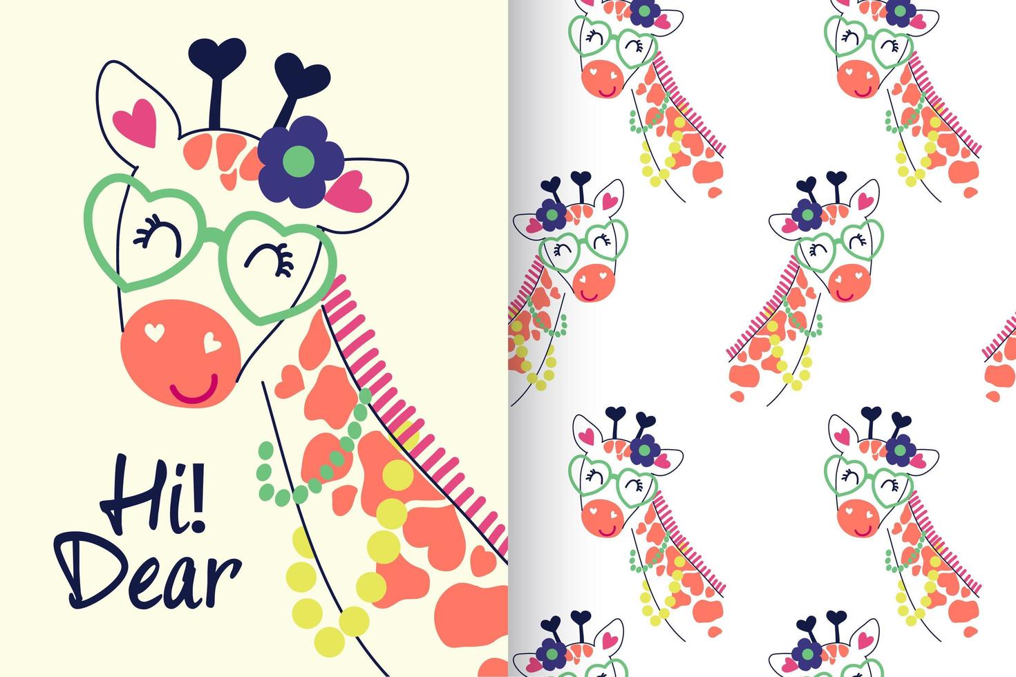 Hand drawn cute giraffe with pattern set vector
