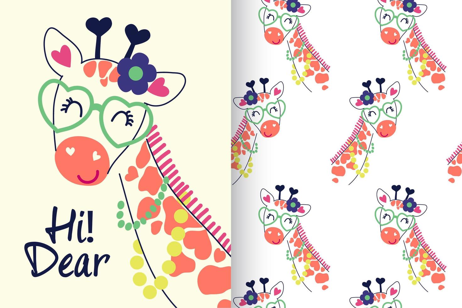 Hand drawn cute giraffe with pattern set vector