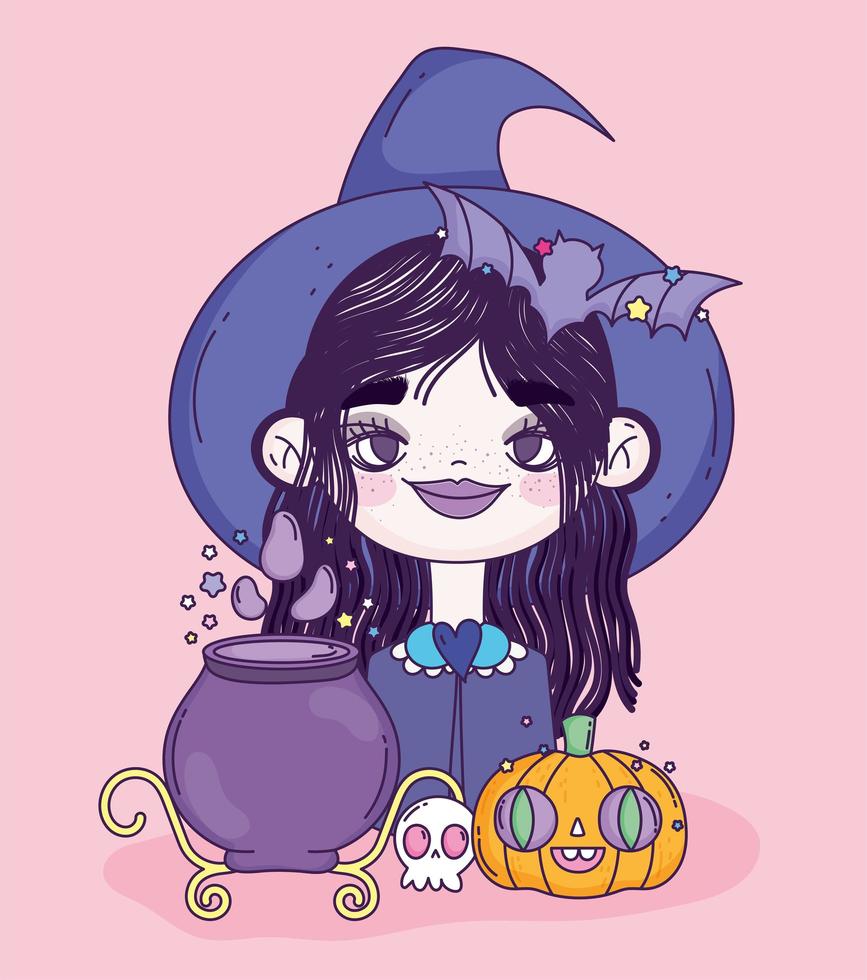 Cute Halloween poster with little witch vector